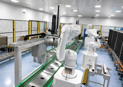 Robot Staubli assurant la manipulation automatisée des tubs et nests pharmaceutiques.
